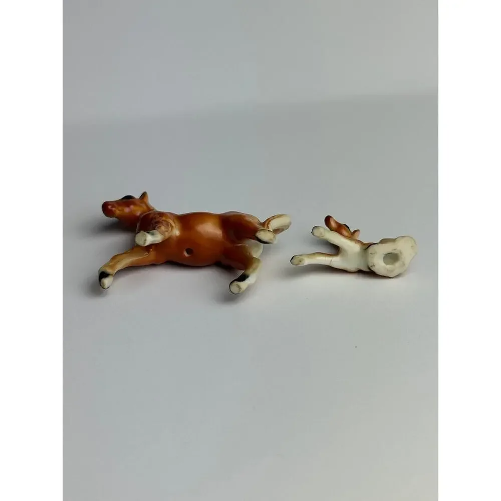Vintage set miniature horses bone china chestnut brown figurines 1” and 2” flaw